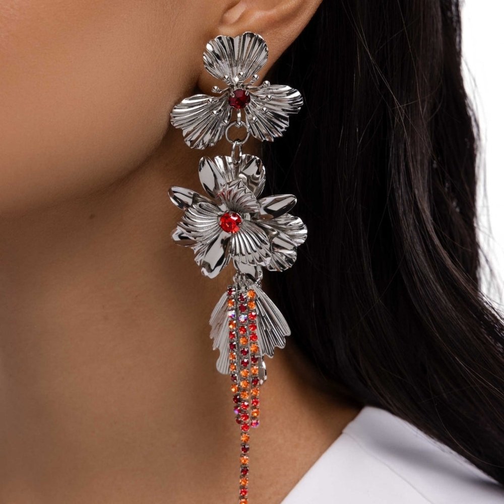 Paparazzi Silver and Red Floral Earrings